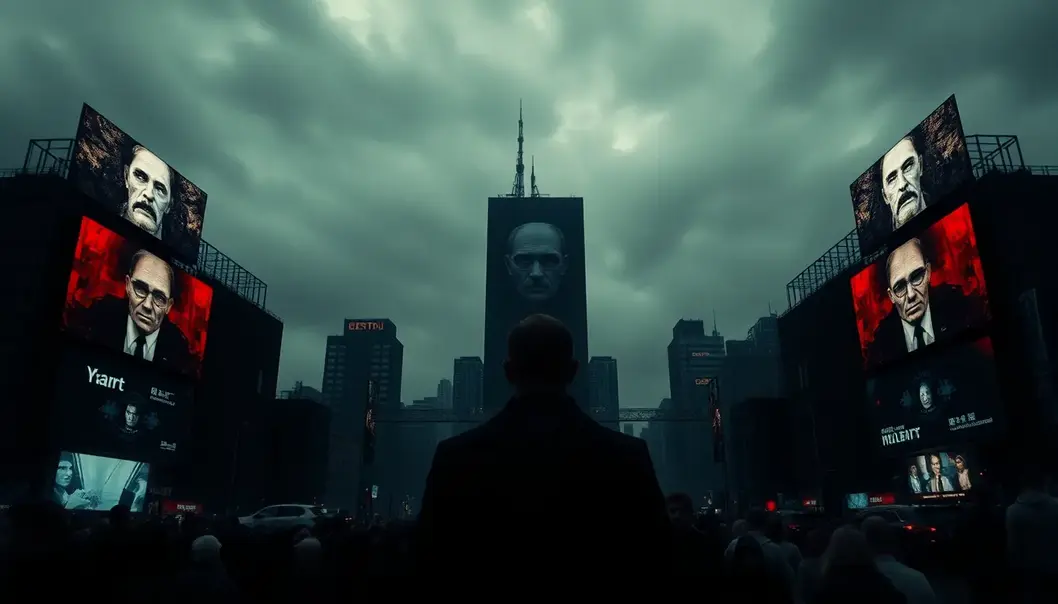 Orwellian cityscape symbolizing surveillance and control.