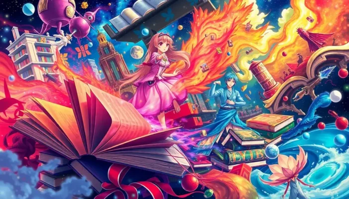 An image blending elements of books and anime in a colorful and dynamic composition.