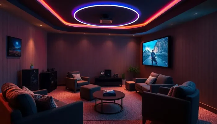 Styled movie-watching corner with advanced audiovisuals and lighting.