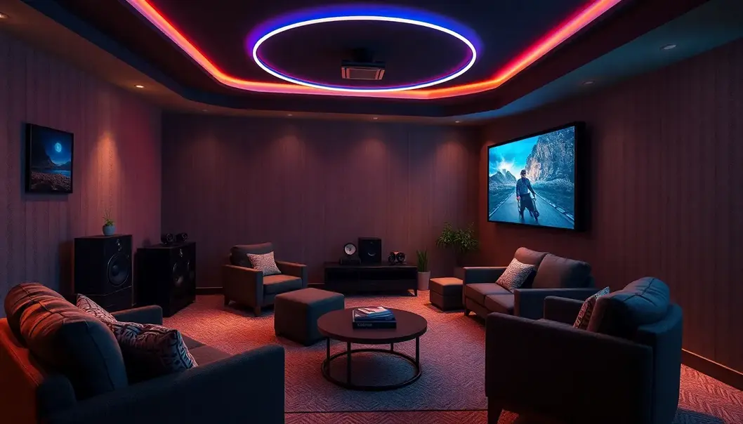 Styled movie-watching corner with advanced audiovisuals and lighting.