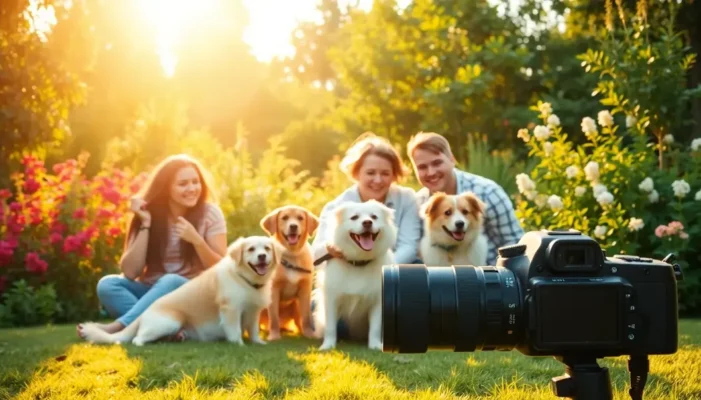 Family taking photos with pets in a sunny garden, capturing joyful moments.