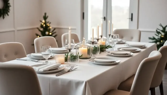 Decorated holiday party table with minimalist and natural elements.