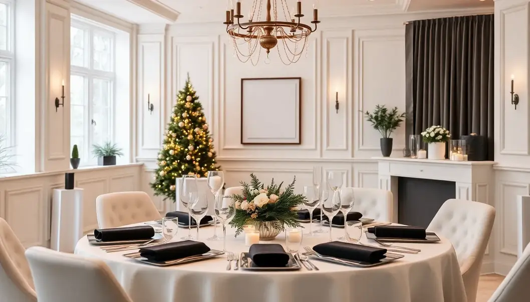 Minimalist elegance: monochrome decorations and soft lighting.