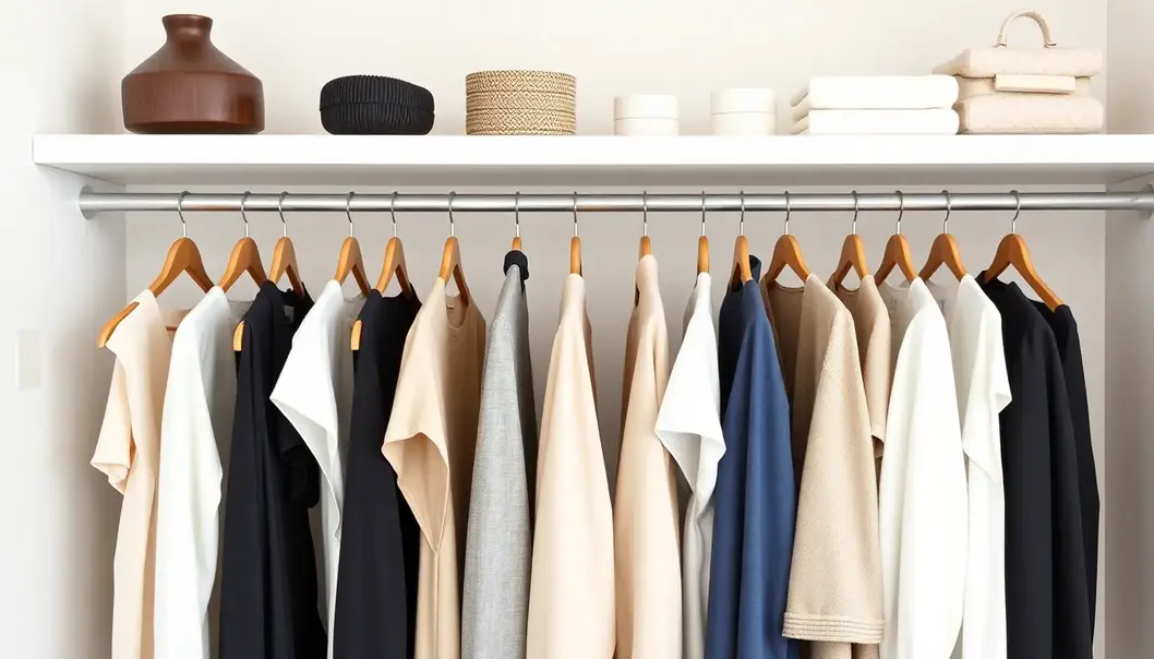 A carefully curated minimalist wardrobe with neutral tones.