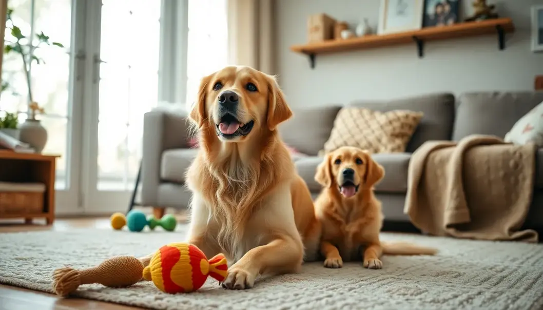A golden retriever displaying various expressions in a familiar environment.
