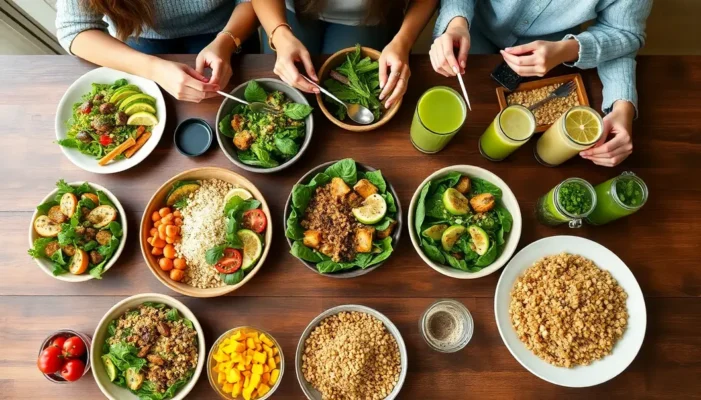 A dining table with various plant-based dishes, surrounded by a group of friends enjoying their meal.