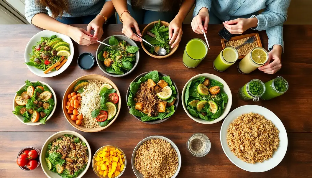 A dining table with various plant-based dishes, surrounded by a group of friends enjoying their meal.